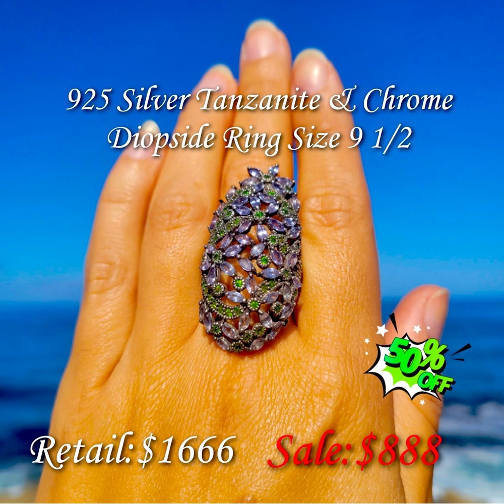 925 Sterling Silver Vintage Ring w/ Tanzanite & Chrome Diopsides! Size 9.5